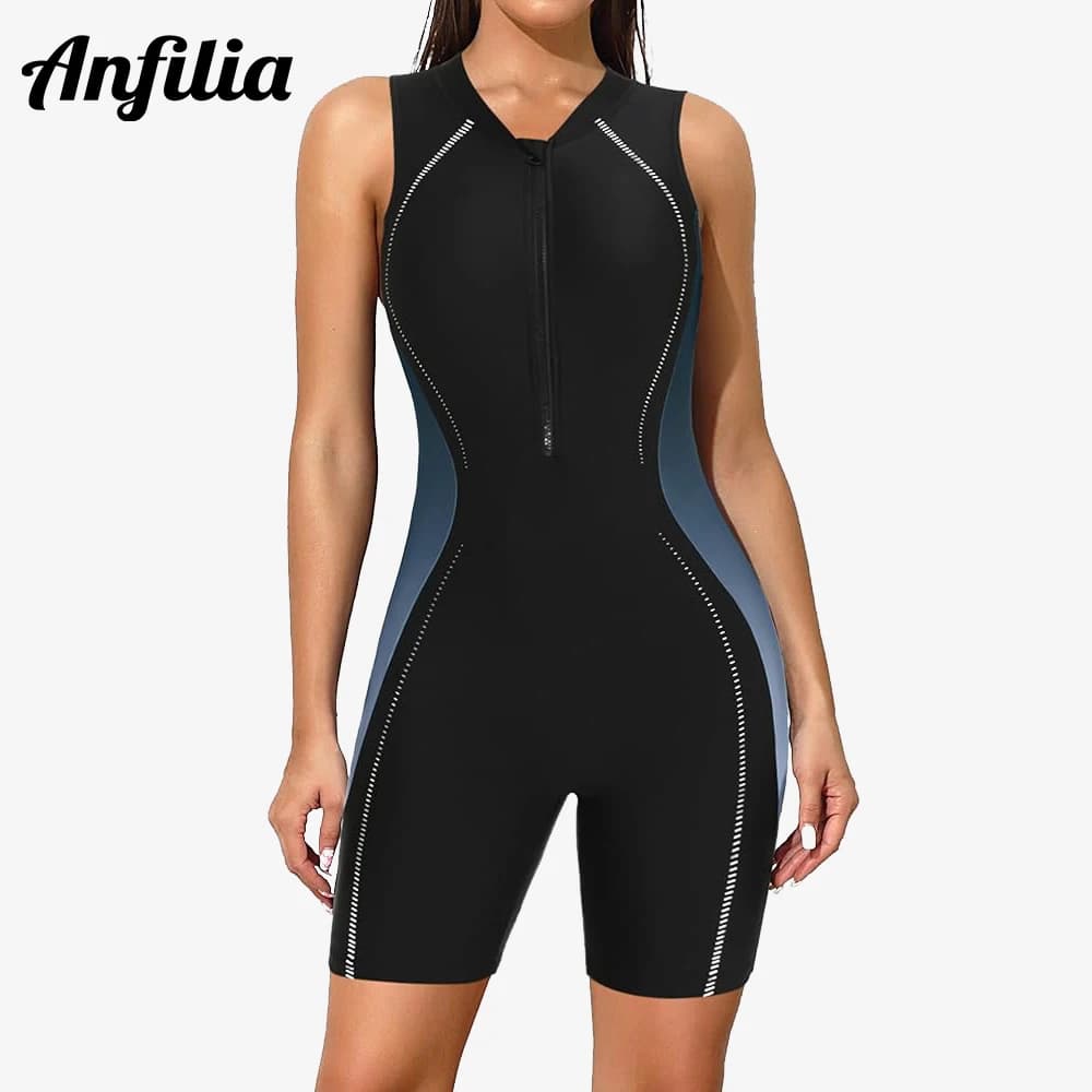Anfilia Boyleg One Piece Swimsuit for Women Zip Up Athletic Swimwear Training Bathing Suit