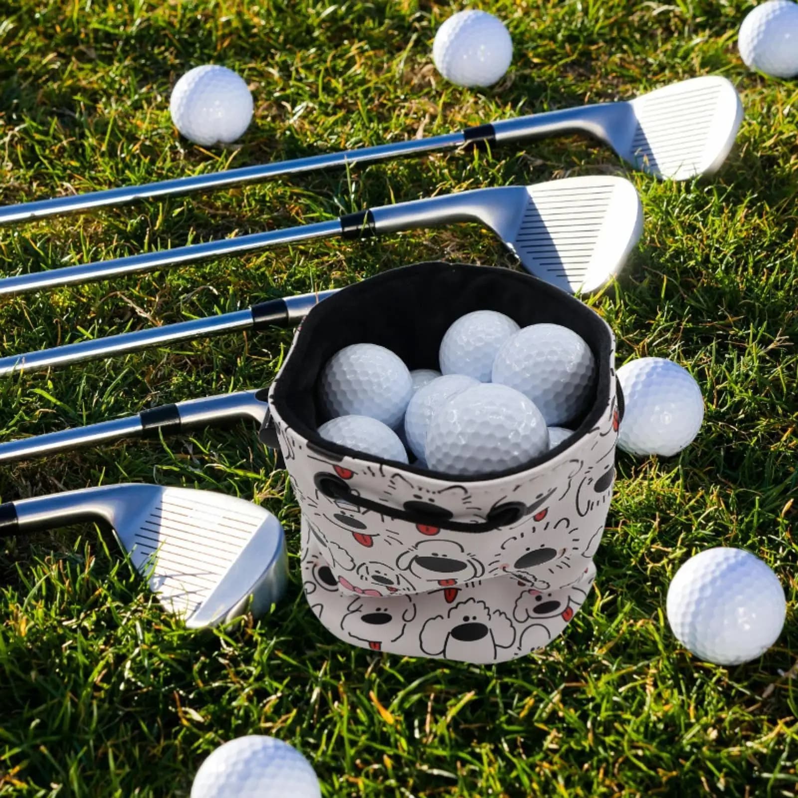 Graffiti Puppy Printed Golf Ball Bag Organizer Lightweight Stylish Practical Waterproof Portable Carrying Cute Drawstring Bag