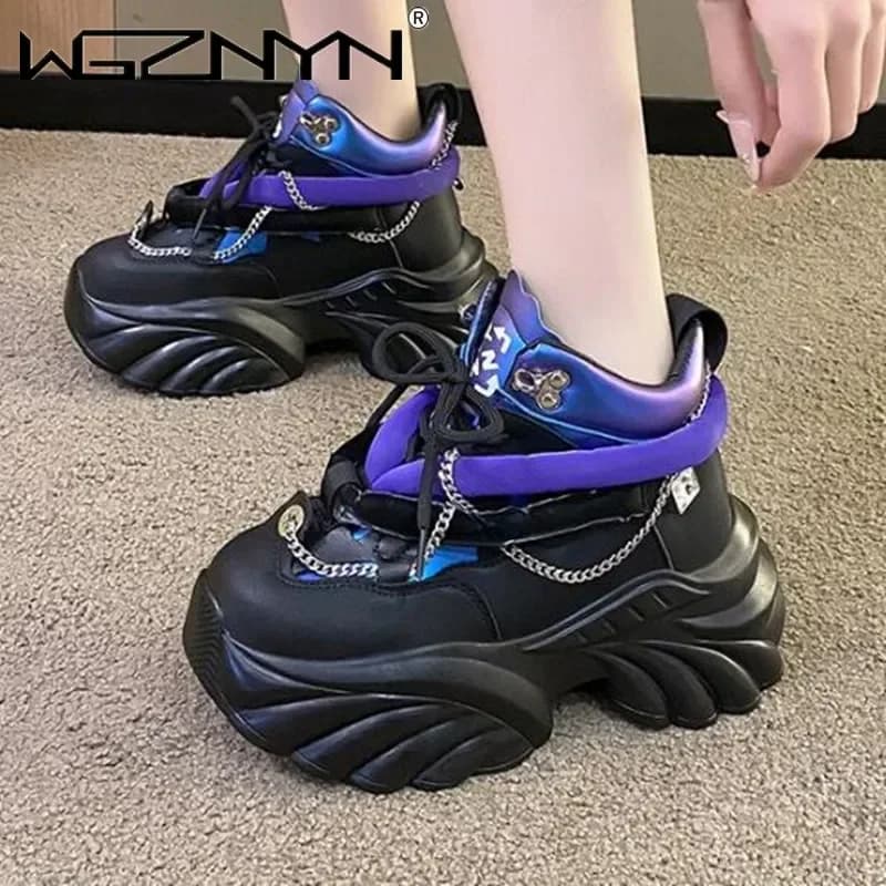 Designer 8CM Catena di metallo Chunky Sneakers Piattaforma alta Scarpe casual Donna Autunno Zeppa Tacchi Sport Inverno Peluche Scarpe in pelle
