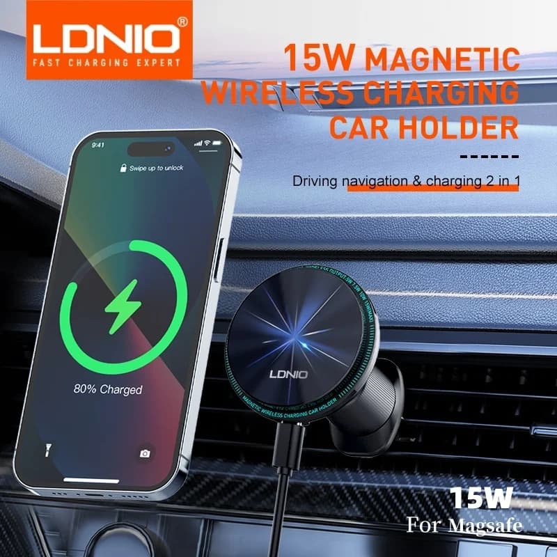 LDNIO Supporto per telefono da auto caricatore Wireless da 15W per Magsafe presa per cellulare stabilizzatore per supporto magnetico Tok per Iphone 14 15 16 Pro Max