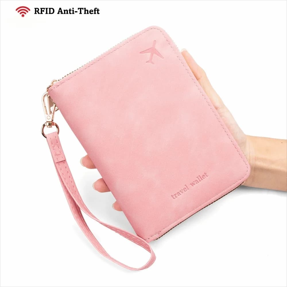 Multi-Functional PU RFID Passport Case Solid Color Zipper Closure Passport Holder Anti-Magnetic Travel Wallet Unisex