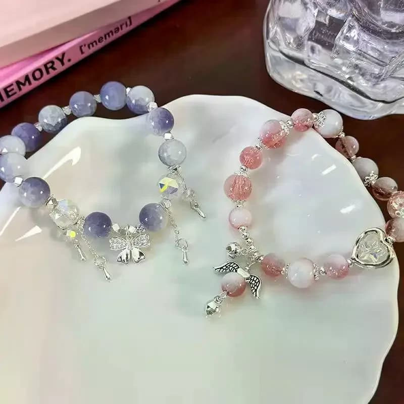 Braccialetto Semplice con Cristalli Viola a Forma di Popcorn per Donne e Ragazze, Stile Coreano con Farfalla, Piuma e Nappa, Gioielli Regalo per l'Amicizia