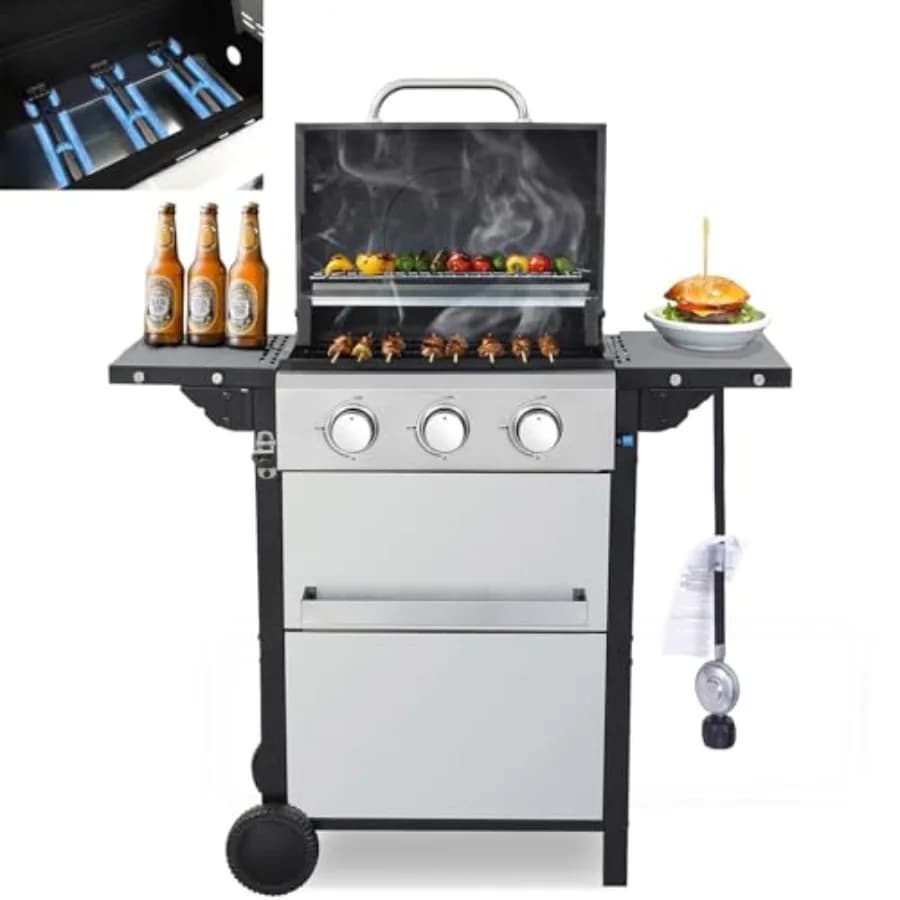 Grill a Gas Propano a 3 Bruciatori con Griglie in Porcellana Smaltata, Termometro, Acciaio Inossidabile, 25650 Btu, per Barbecue all'Aperto