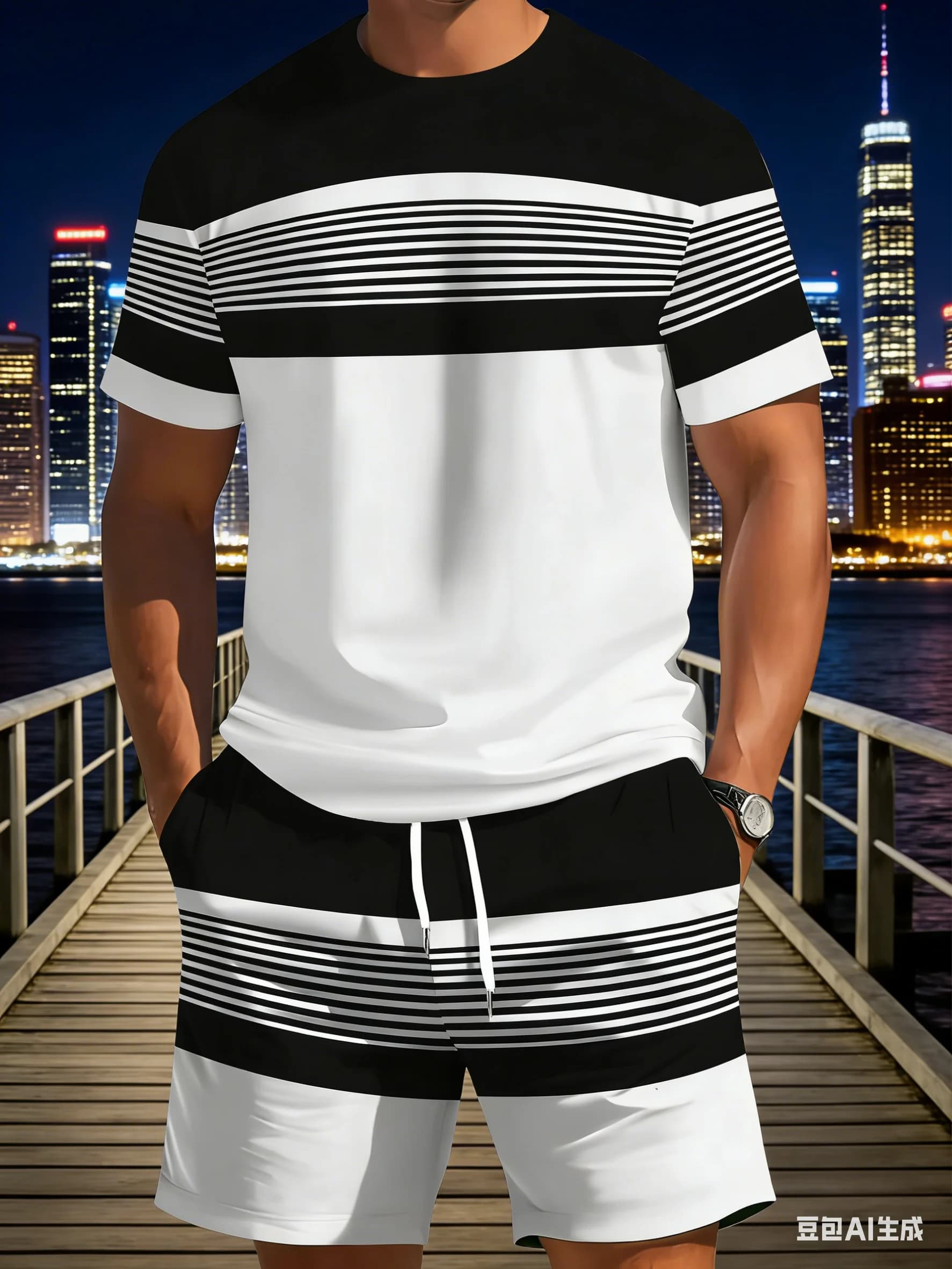 New Men's Sports Equipment: T-Shirts in Righe a Maniche Corte e Pantaloncini Comodi per Allenamento e Viaggi all'Aperto