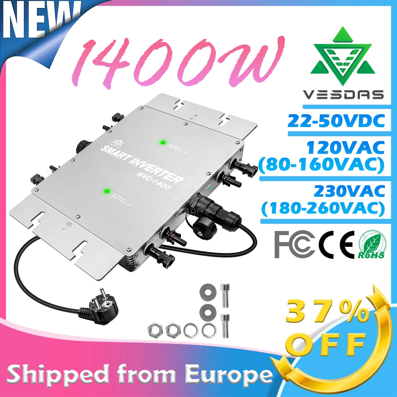1400W 80-260VAC 22-50VDC Dual MPPT Independent Design Grid Connected Micro Inverter IP67 6000V Surge Protection