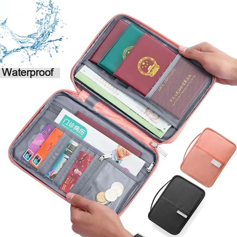 Borsa Organizer Impermeabile per Documenti Familiari, Porta Passaporto Multifunzione per Uomini e Donne, Accessorio Essenziale da Viaggio