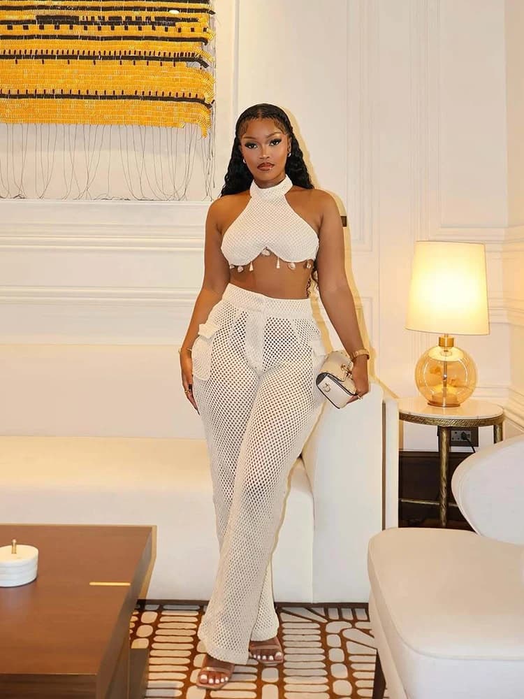 Women's Summer Dresses New Set Two Pieces Streetwear Top and Sexy Trousers with American Neck Set Clear Network Jumpshipping Wholesale