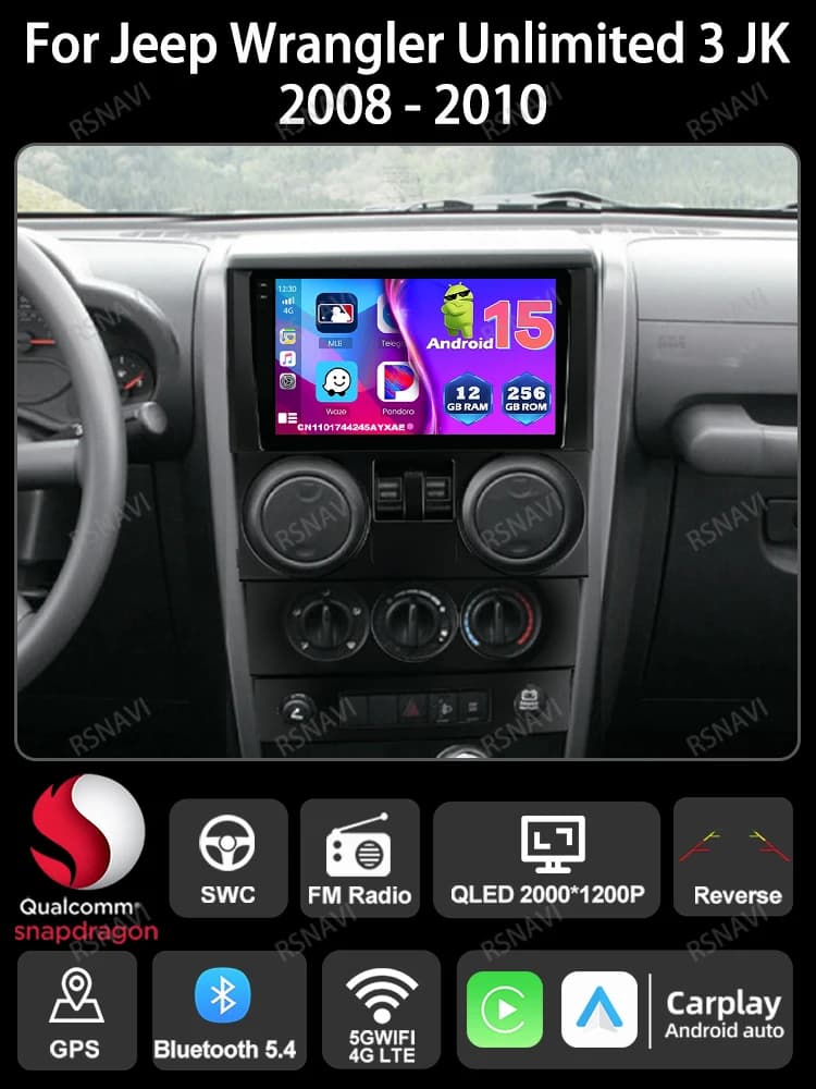 Autoradio Android 15 Per Jeep Wrangler Unlimited 3 JK 2008 - 2010 Qualcomm Viedo Player 4G LTE Autoradio Wireless Carplay Auto