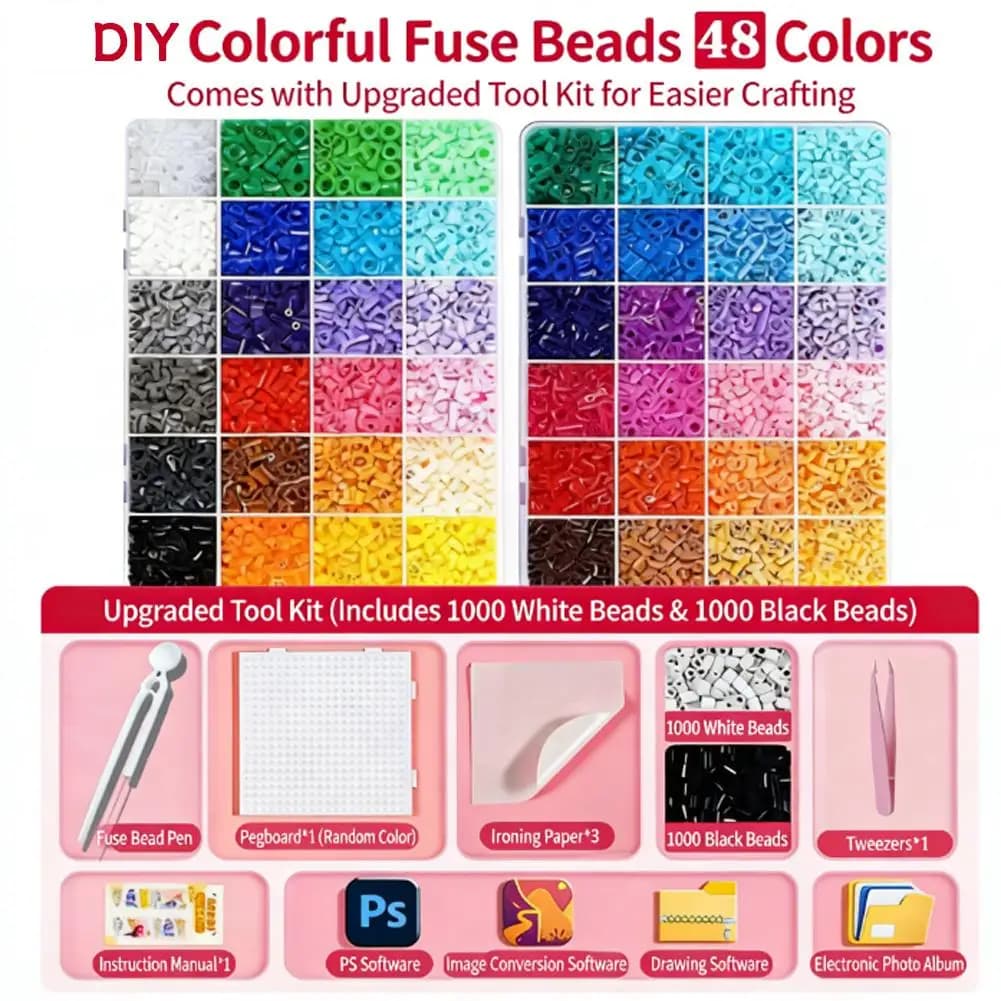 Kit Completo di Perline Fusibili Fai-da-Te con Strumenti, Perline da 2,6mm, Materiali per Creazioni 3D, Giocattolo Educativo in Scatola per Bambini, Fai-da-Te
