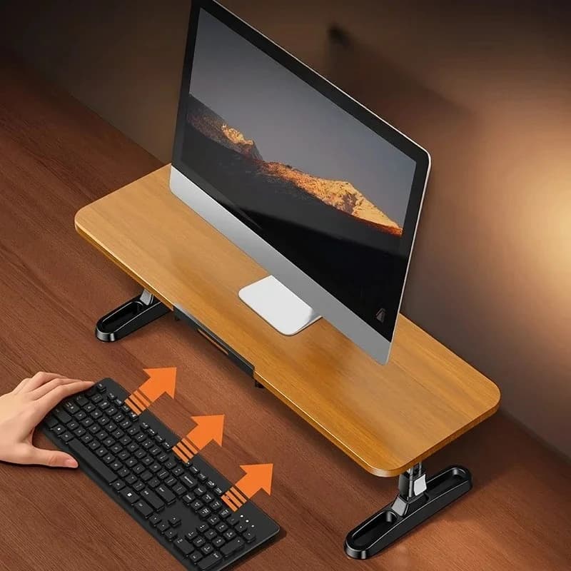 Supporto in Legno per Monitor con Porta Telefono e Tablet, Regolabile in Altezza, Organizzatore per Scrivania e Tastiera