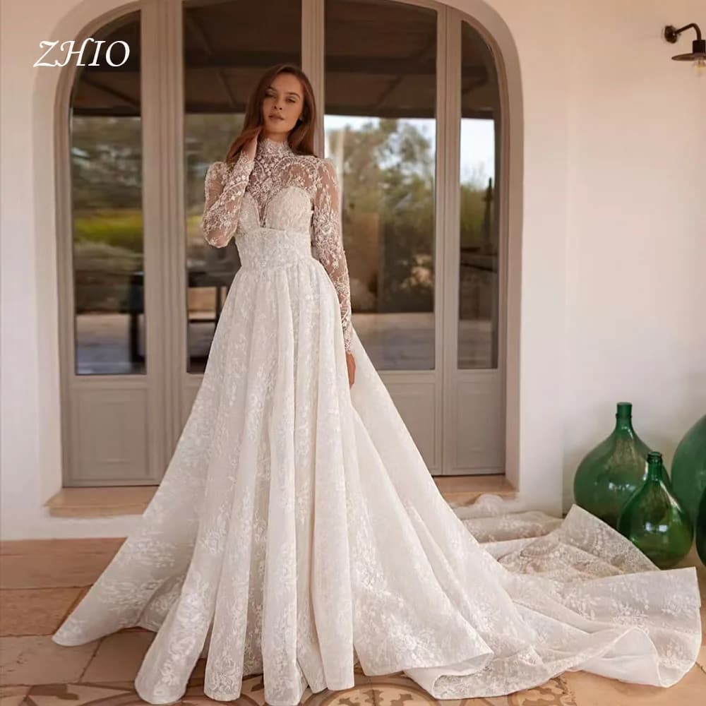 ZHIO Vintage Squisito Abito da Sposa in Pizzo Collo Alto Treno Staccabile Che Borda Sirena Donna Abito da Sposa Personalizzato Vestido de novia