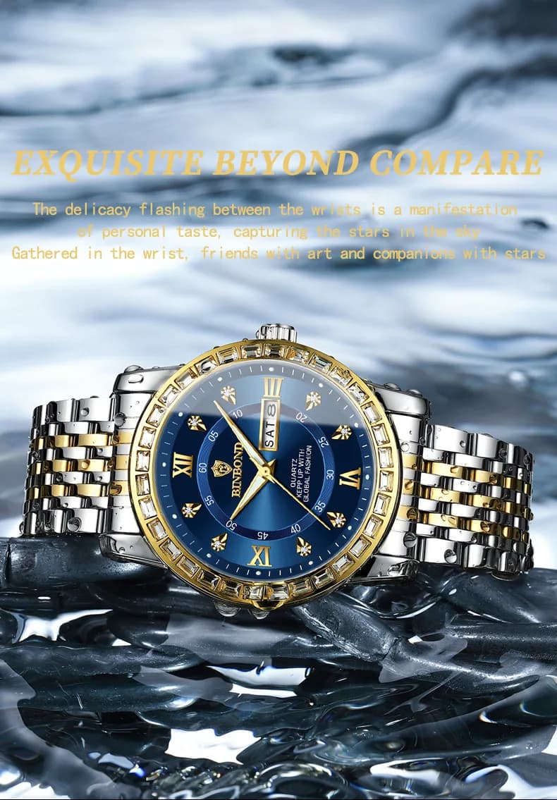 Authentic Men's Watch Fashionable Working Watch With Diamonds Inlaid in Chinese English Double Calendar Men's Fashion Quartz Watches Bright Waterproof