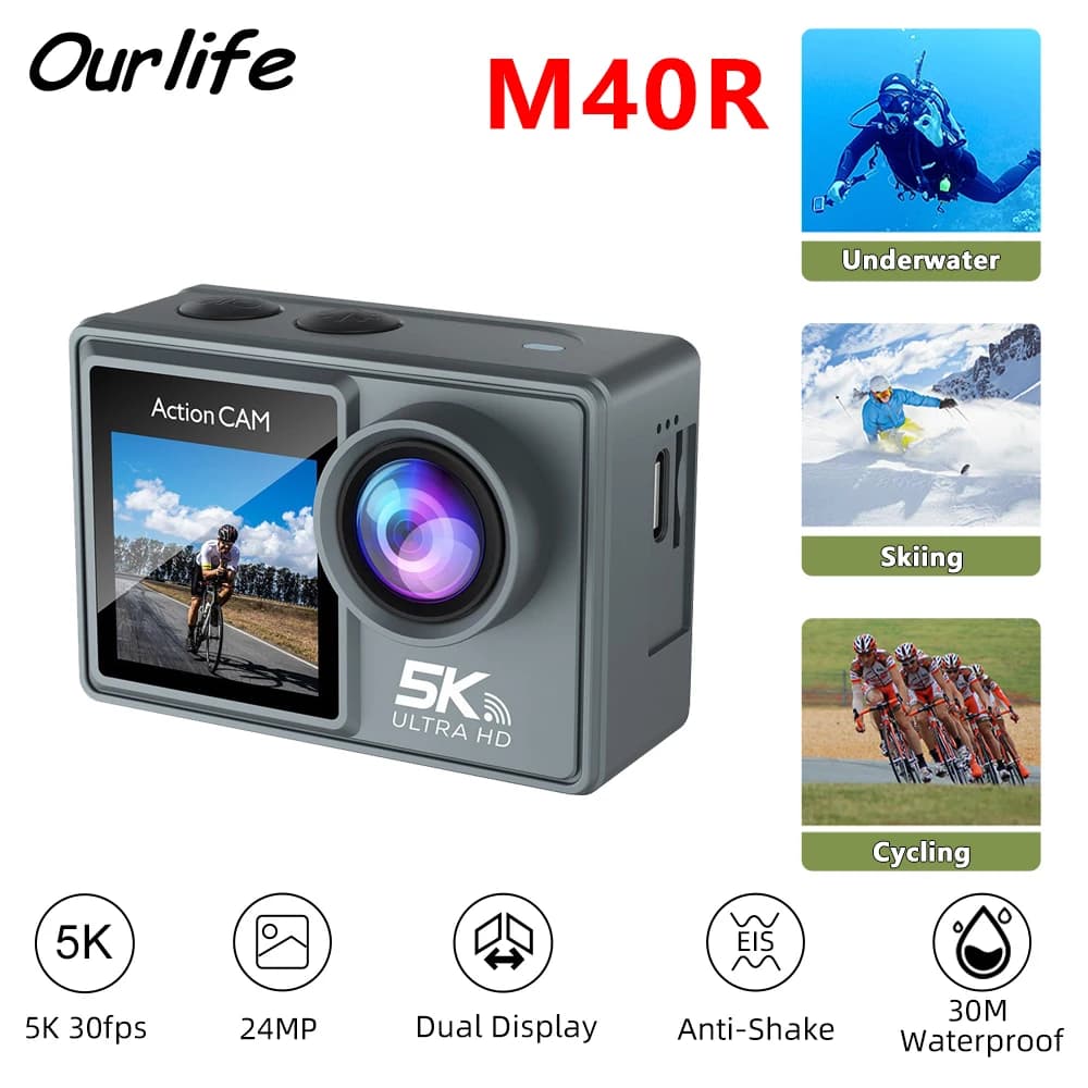 Ourlife M40R Videocamera d'Azione 5K con Schermo Touch IPS da 2.0", Zoom 5X, WiFi, EIS 170° ° Fotocamera Sportiva Professionale Impermeabile fino a 30M