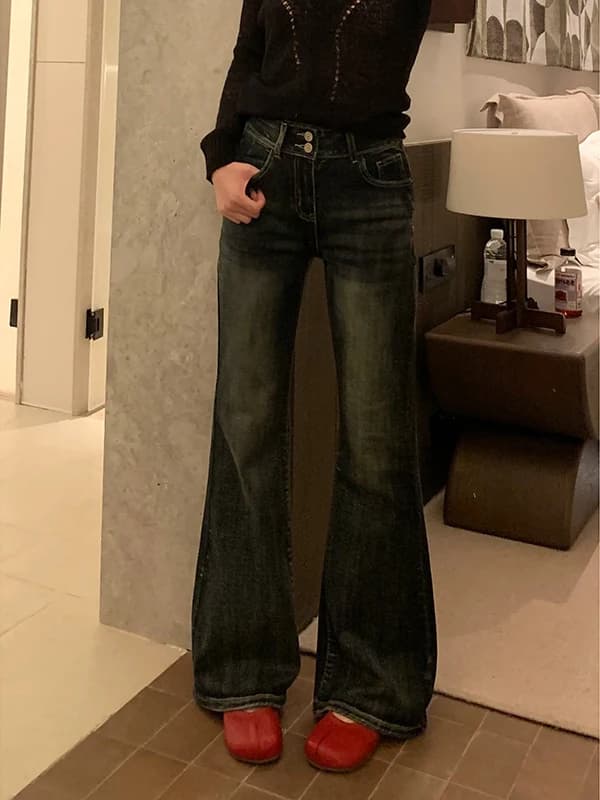 American Sle Fce Lined Loose Wide Leg Jeans Women's Spring New High Waist Double Button Bootcut Long Trousers