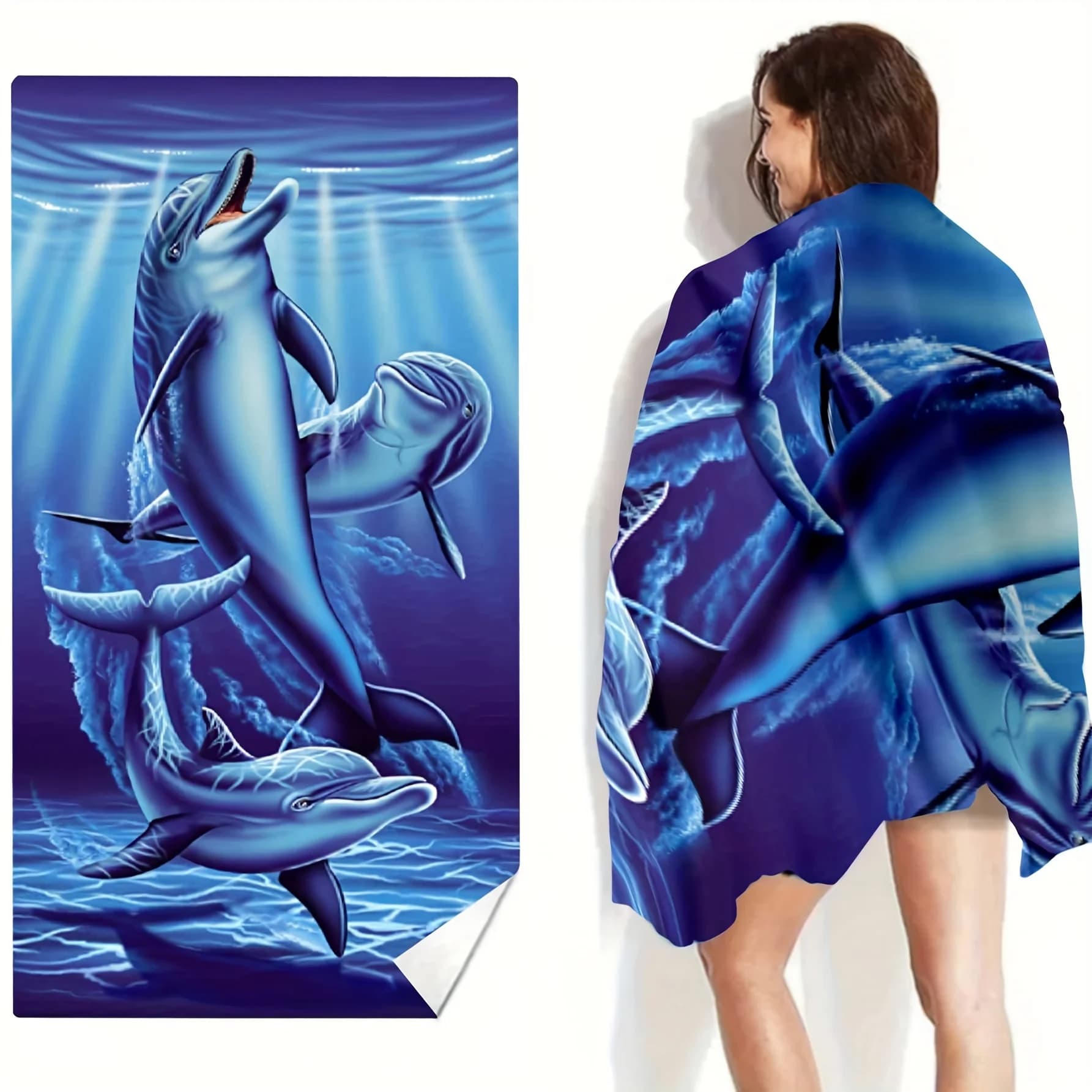 Telo Mare con Stampa Delfino, Asciugatura Rapida, Anti-Sabbia, Oversize, per Piscina, Viaggi, Vacanze Estive, Amanti dell'Oceano, Unisex