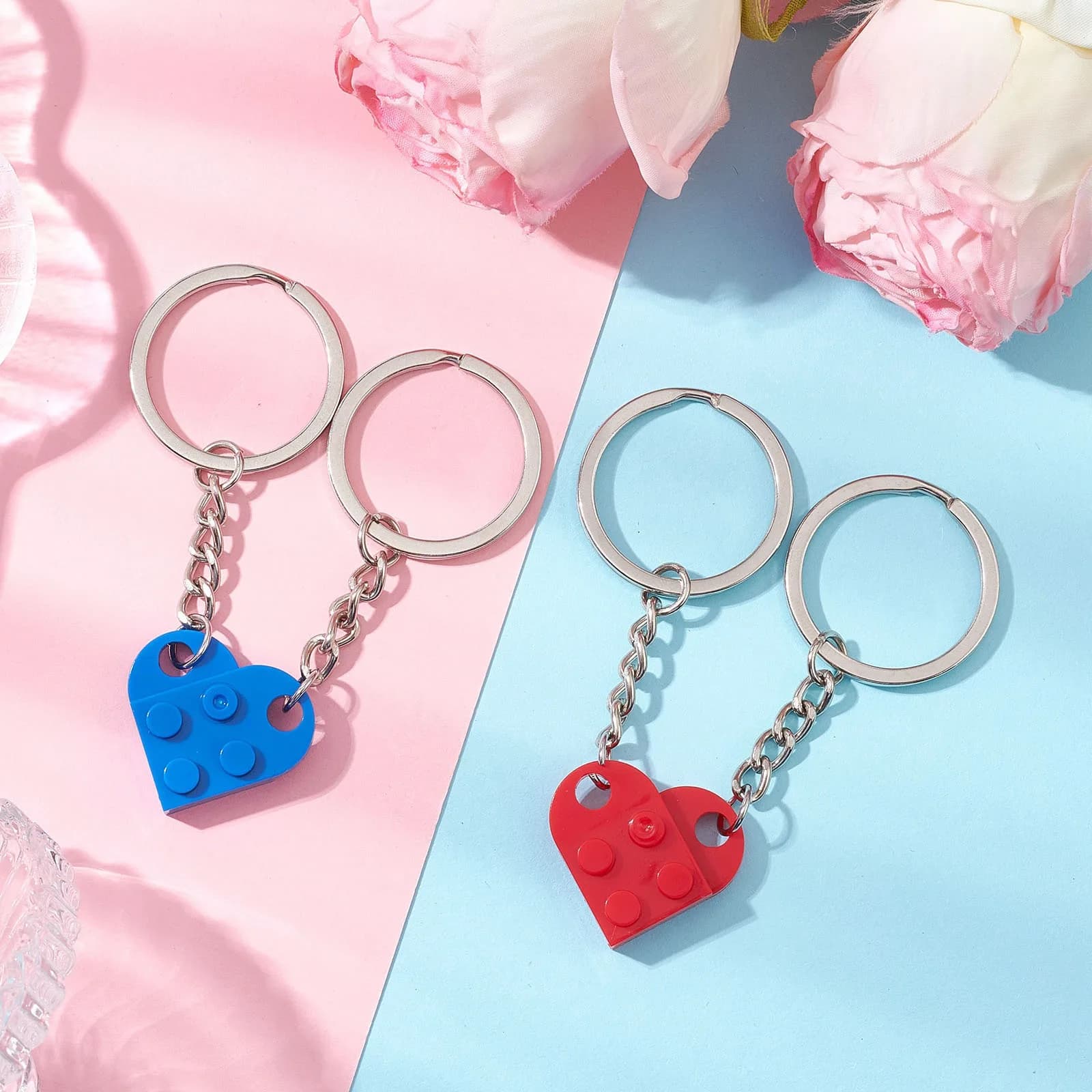 2 pezzi carino amore cuore portachiavi in mattoni per coppia amicizia cuore building block portachiavi ciondolo donna uomo regalo gioielli di San Valentino