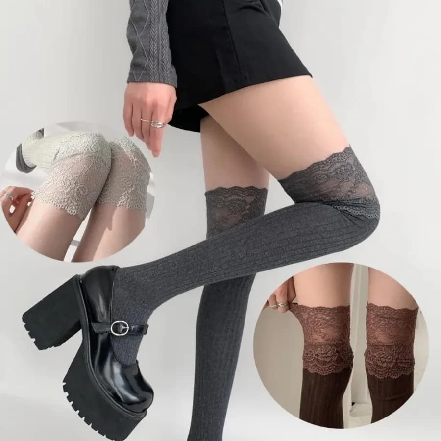 Soft Cotton Thigh High Socks, Lace Trim Over the Knee Lolita Slouchy Boot Socks for Spring Autumn