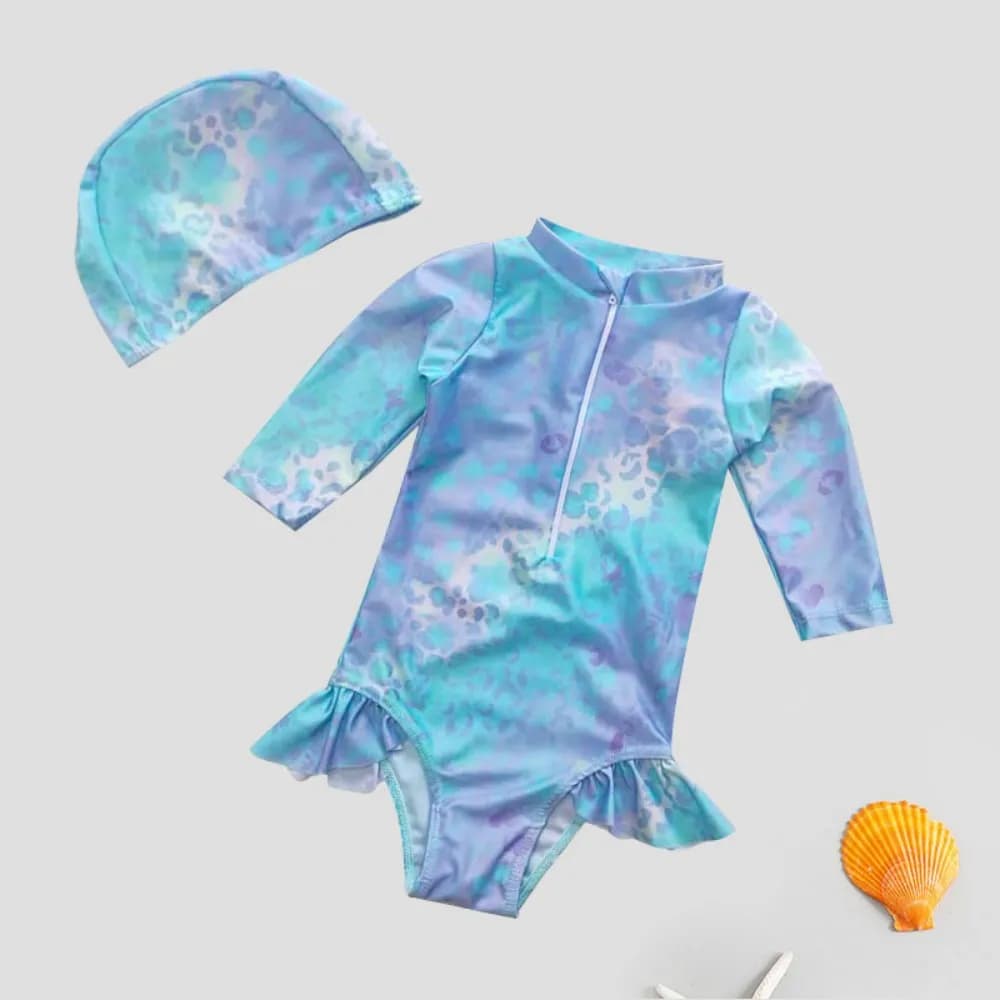 Costume da bagno intero per bambina, a maniche lunghe, con cappuccio, stampa leopardata, per neonate e bambine piccole
