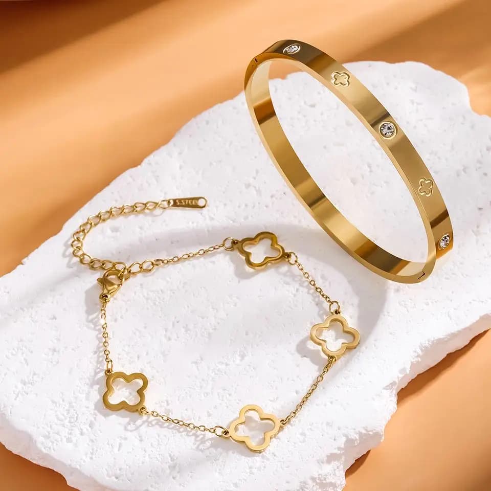 New French Lucky Clover Bracelet Set 2Pcs High Quality Stainless Steel INS Popular Charm Bracelets Fashion Jewelry Gift For Women