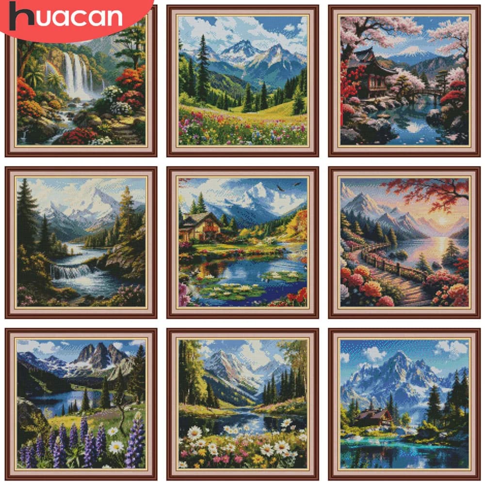 HUACAN Embroidery Sets Mountain Landscape Cross Stitch Kit Lake River Hobbies Creative Needlework 11CT Home Decor Items
