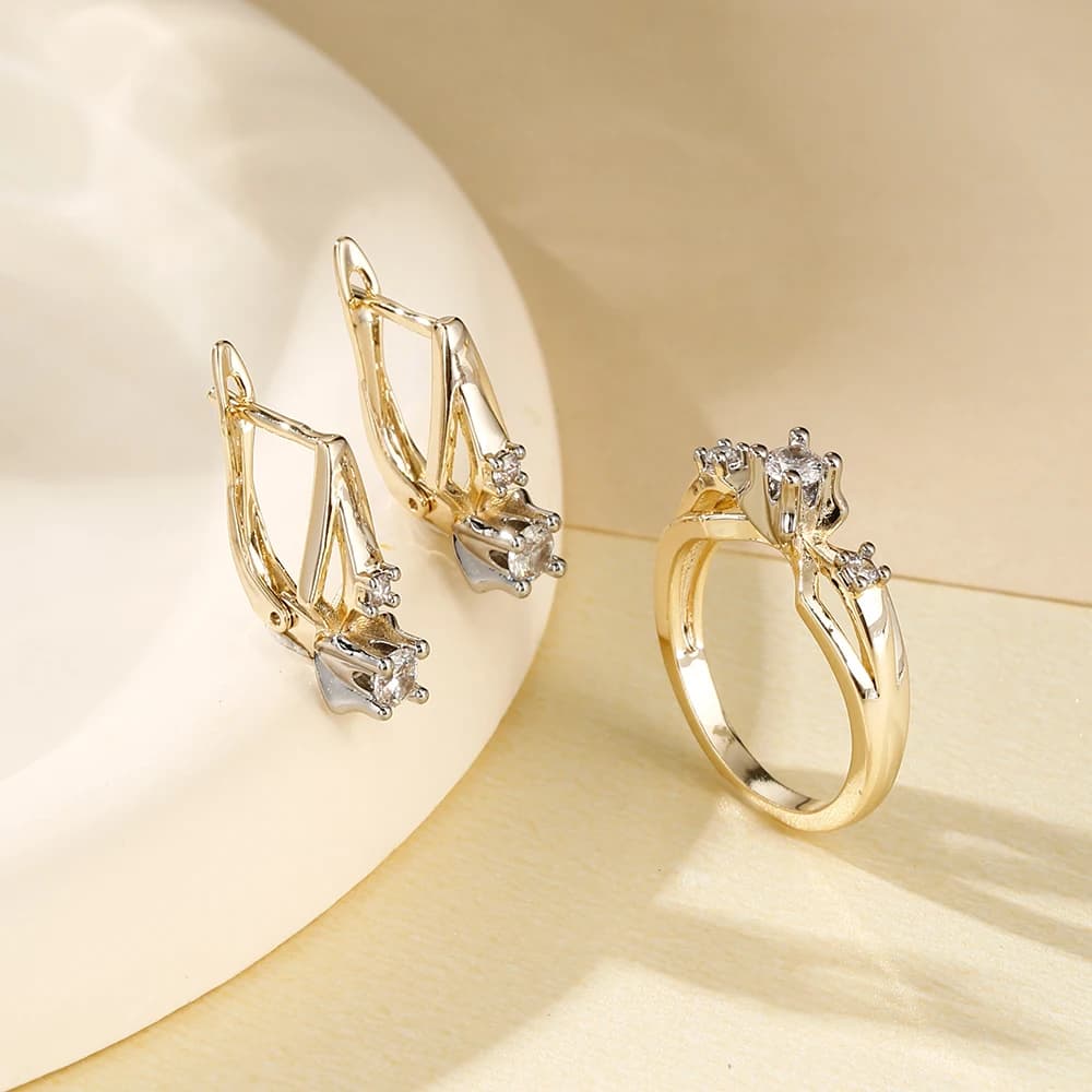 Light luxury geometric inlaid zircon ring and earrings set 14K gold plated copper simple commuting accessories birthday gift