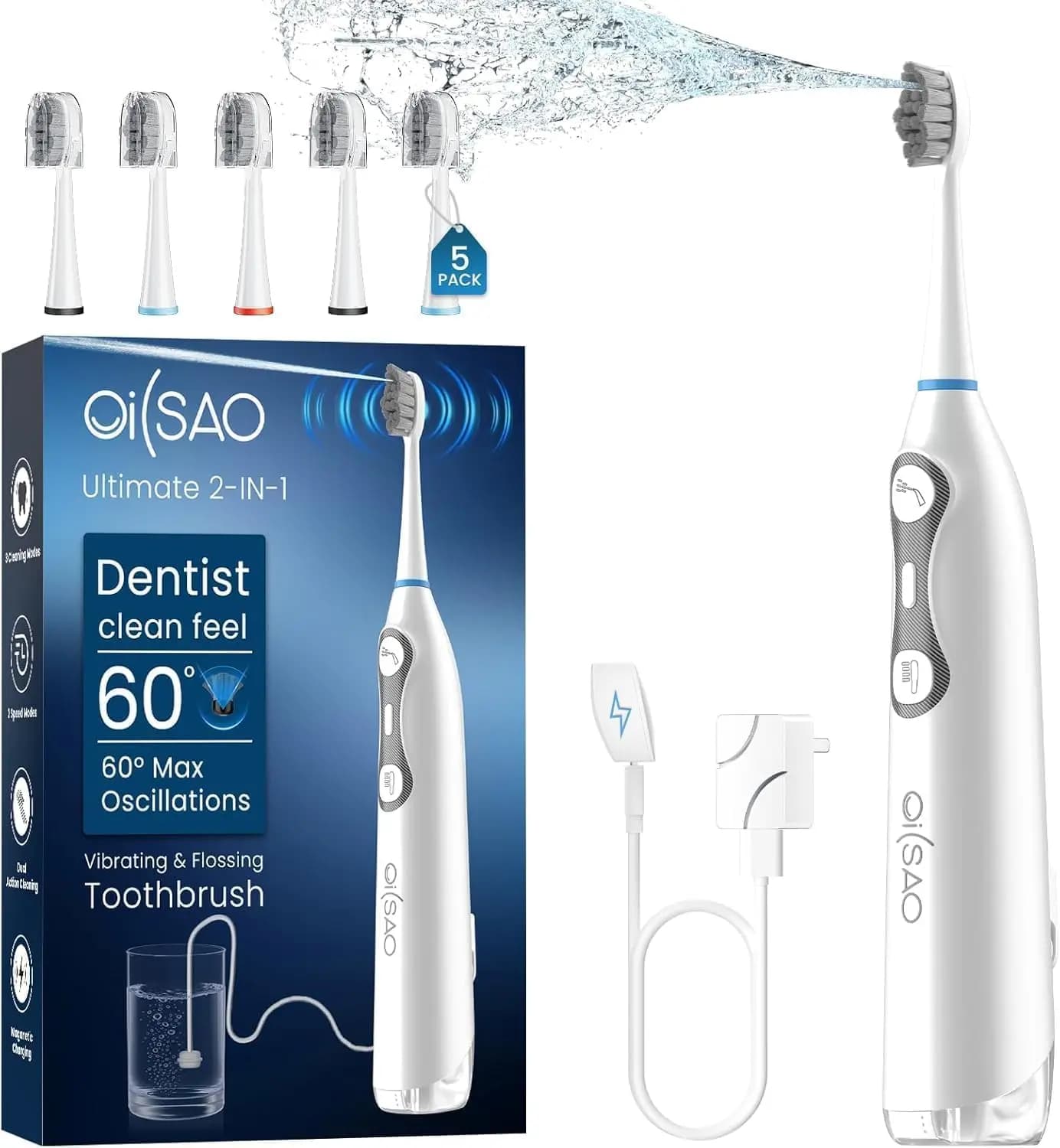 Spazzolino Elettrico 3-in-1 con Idropulsore: Pulizia 8X Migliore, 5 Testine, Timer Intelligente, Batteria da 30 Giorni - Bianco