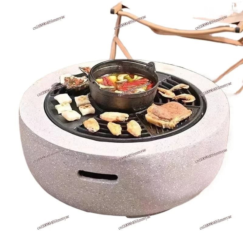 42CM Teppanyaki Grill Pan Frying Enamel Non-stick Charcoal Pan Round Iron Mesh Outdoor Household Indoor