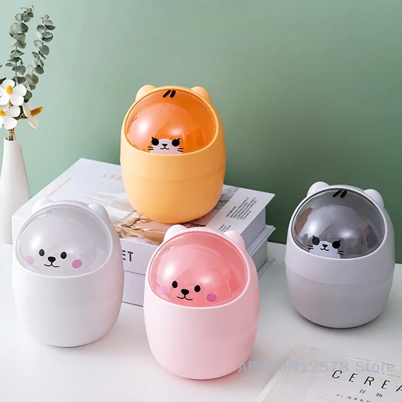 Contenitore portaoggetti con coperchio a forma di cartone animato, cestino per rifiuti da scrivania, mini contenitore per trucchi e pennelli per la casa