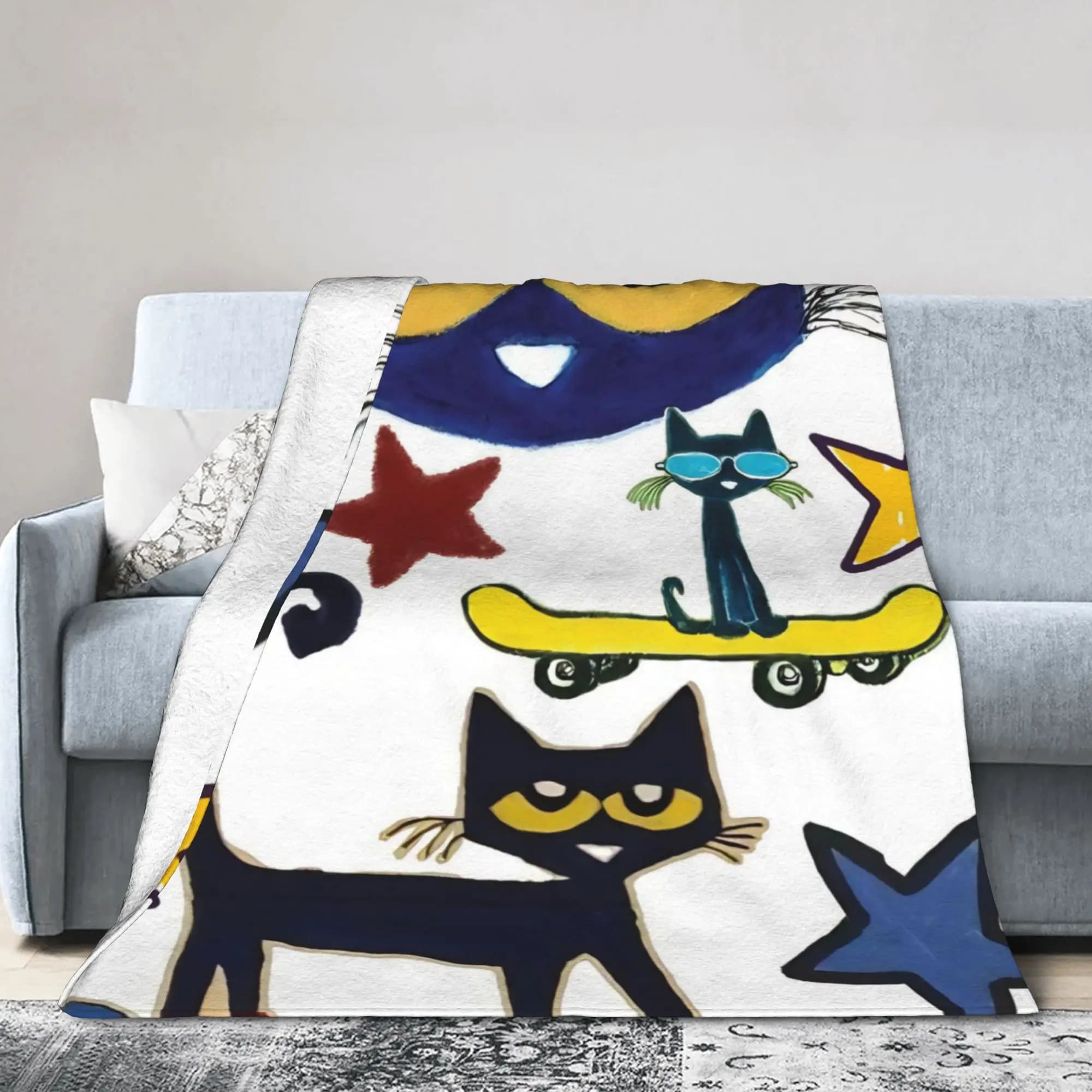 Pete The Cat Cartoon Blanket Cover Coral Fleece Plush Lightweight Throw Blankets for Car Sofa Couch Bedroom Quilt