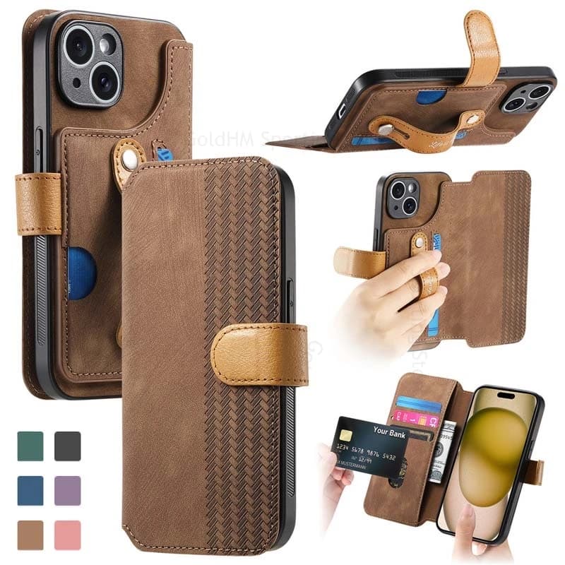 Custodia per telefono in pelle a portafoglio con vibrazione per iPhone 17 16 Pro Max Slot per scheda Anello di supporto Custodia protettiva per Apple 16e 17 16 14 15Pro Max