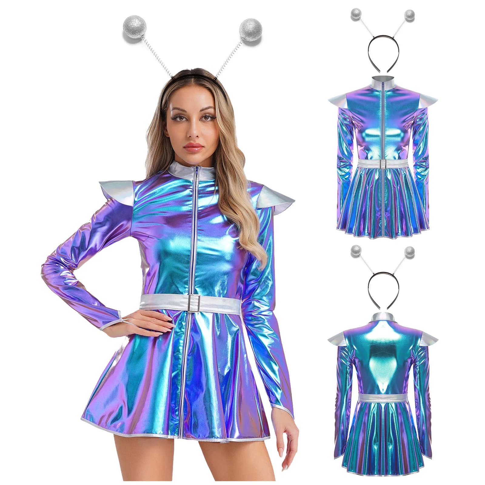 Costume da Astronauta Robot Alieno per Donna, Abito Lungo Metallizzato Lucido con Fascia per Capelli per Halloween e Carnevale