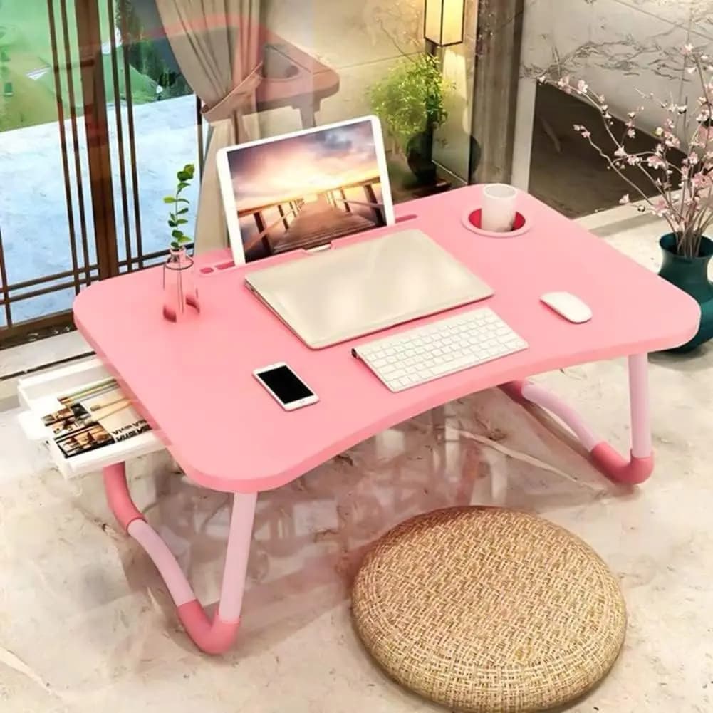 Tavolino Pieghevole Rosa per Laptop con Cassetto Portaoggetti, Supporto per Telefono e Portabicchieri per Divano o Pavimento