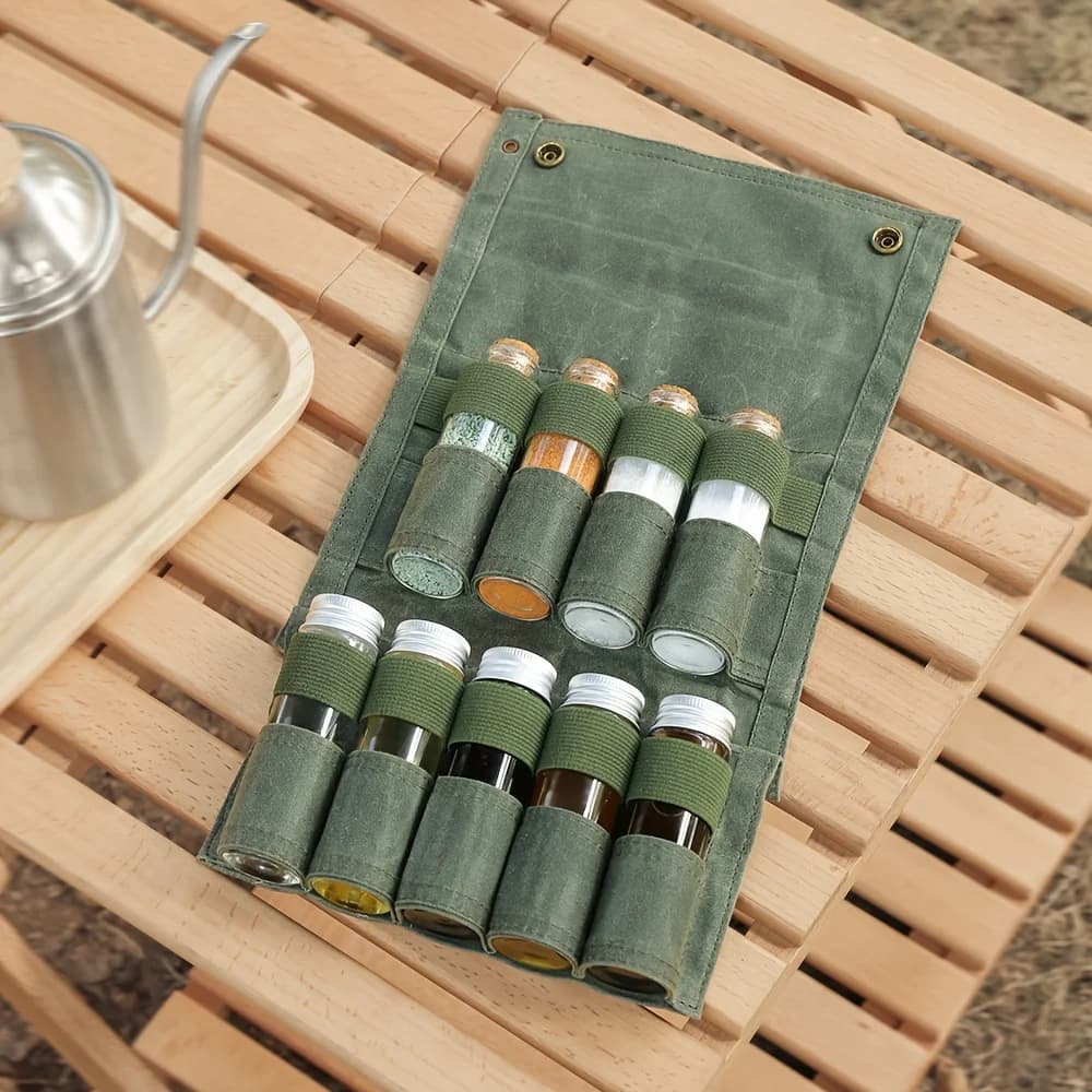 Borsa portaoggetti per bottiglie di spezie da campeggio all'aperto con set per barbecue con bottiglia di spezie impermeabile in cera senza borsa di tela combinata per bottiglie