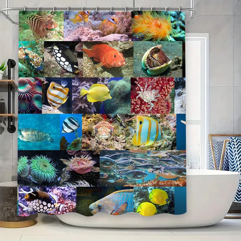 Mondo sottomarino Tenda da doccia Acquario Stampe di pesci Decorazioni per il bagno Tessuto impermeabile SET DI TENERE PER L'ARCATURA DELLA CASA