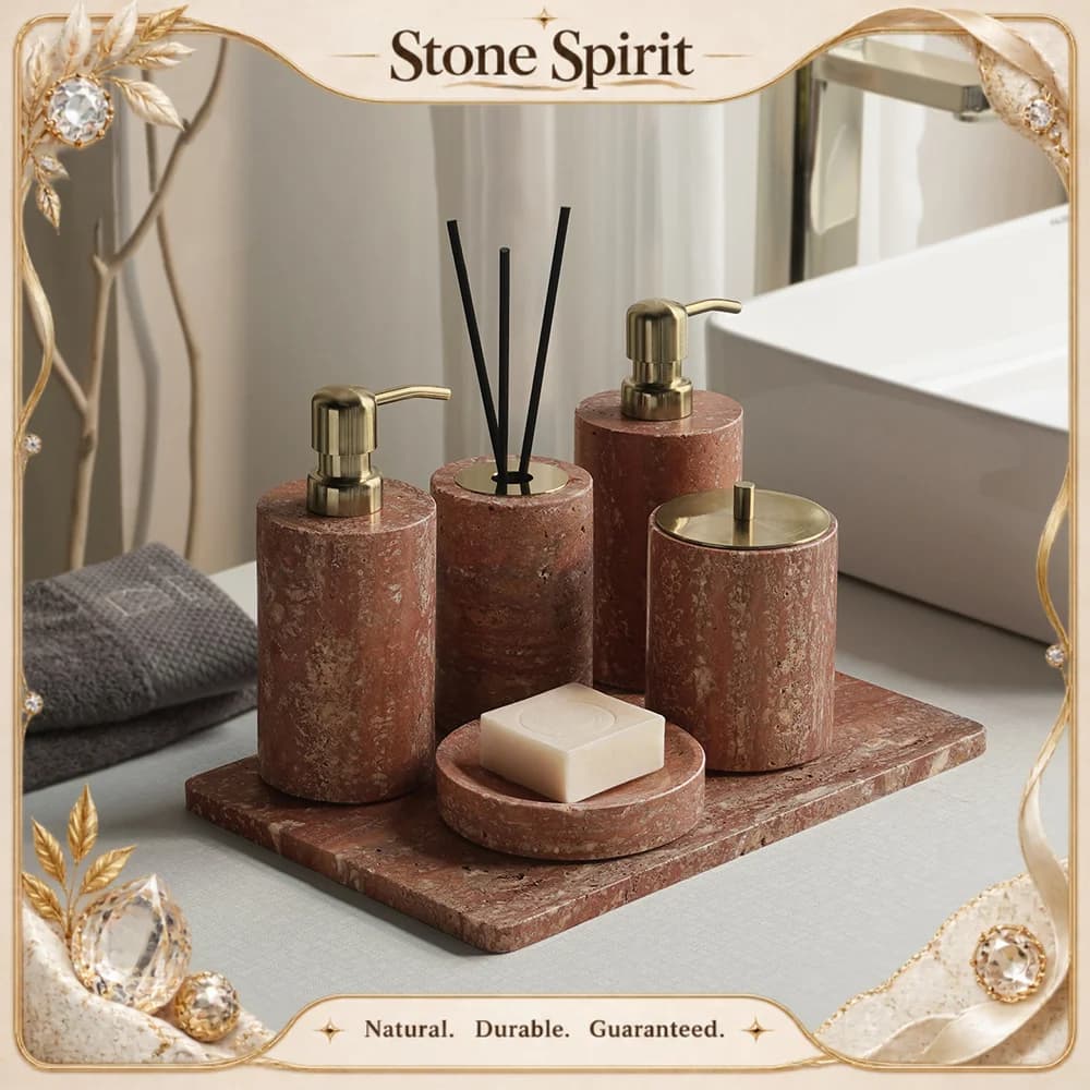 【Natural】Red Travertine Bathroom Set Vintage Soap Holder Soap Dispenser Tissue Box Vanity Tray Bathroom Accessories