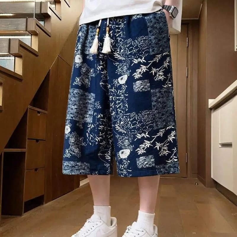 Ice Silk Men's Wide Leg Sports Pants Summer Trendy Loose Straight Lantern Casual Pants Eighteen Shorts Polyester Fiber