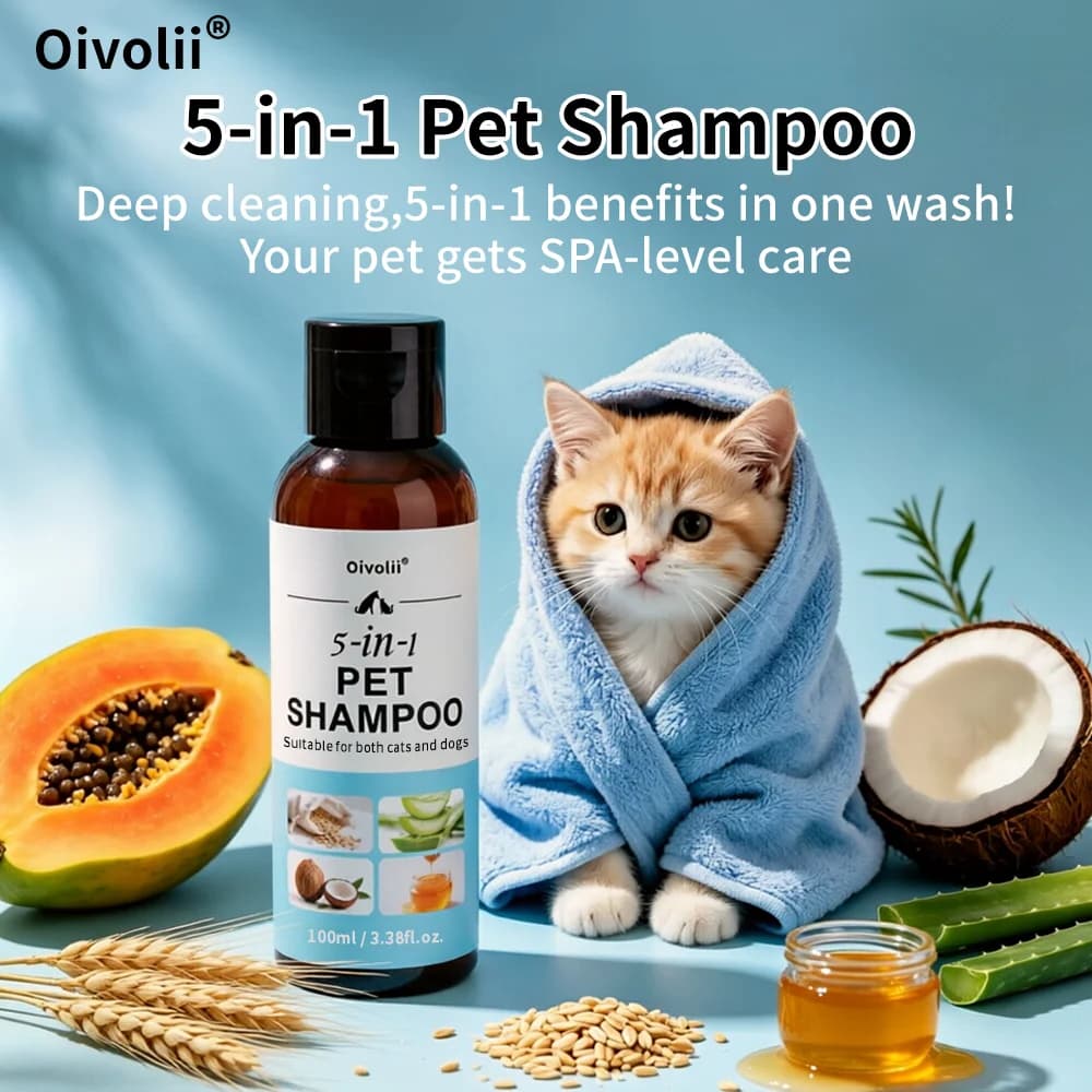 Shampoo per Animali 5-in-1 con Avena, Cocco, Aloe e Miele, Formula Delicata per Pulizia Profonda, Lenisce la Pelle per una Pelliccia Morbida e Lucente per Cani e Gatti