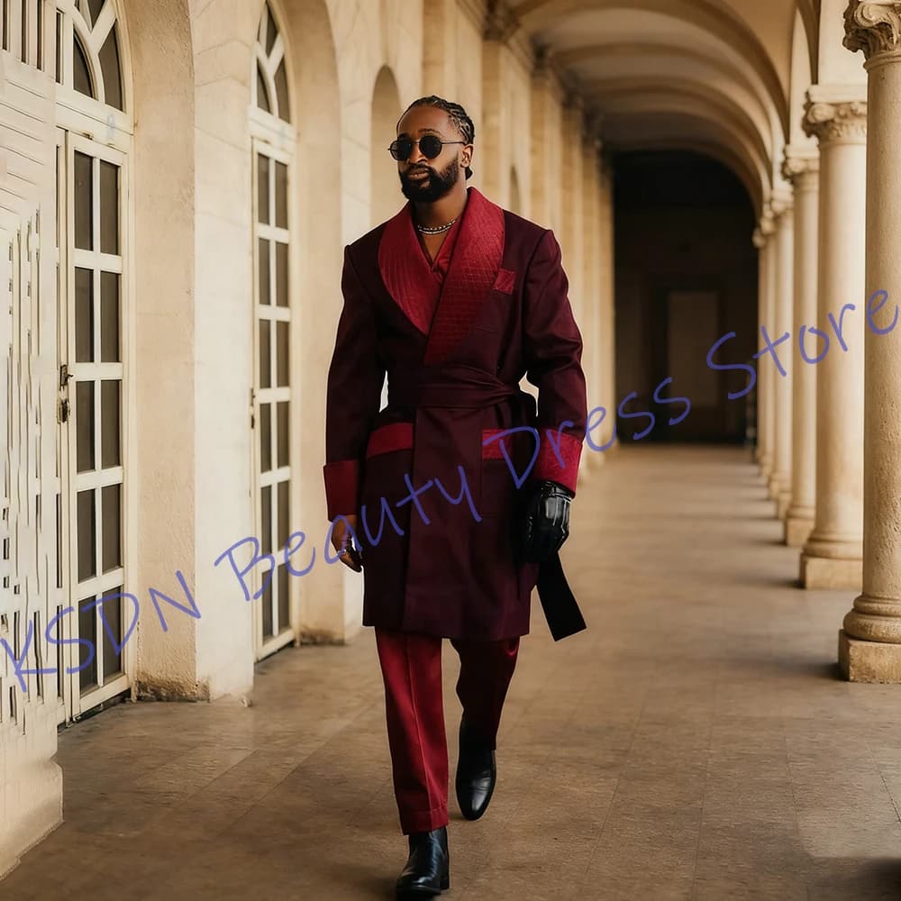 Luxury Burgundy Men's Suit Set Two Piece(Long Jacket+Red Pants) Gorgeous Formal Ensemble with Belt Evening Banquet Party Costume