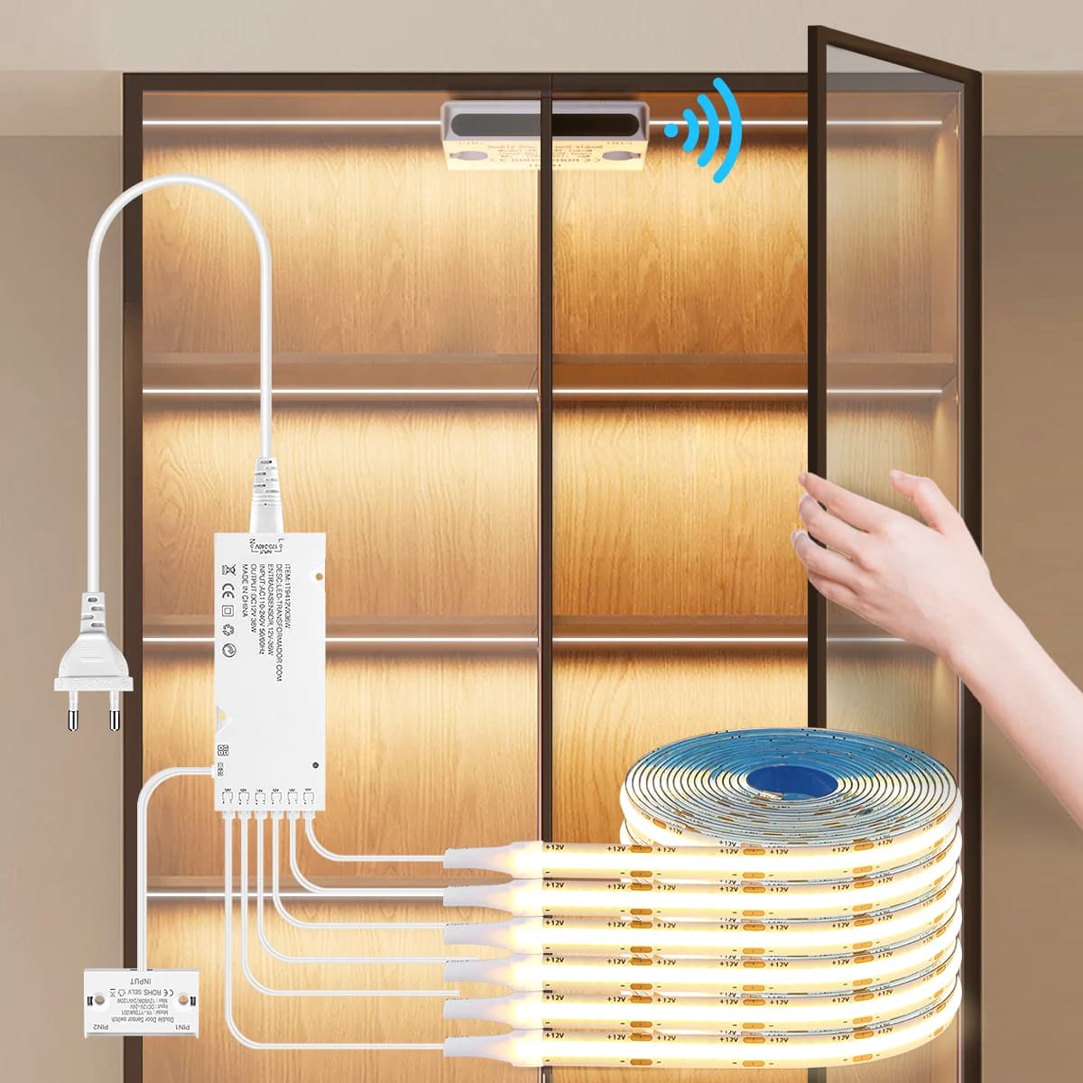 Interruttore Sensore Intelligente a Doppia Porta con Striscia LED COB per Illuminazione Armadietti 12V, Luci a Nastro LED Dupont, Sensore Apertura Porta - Accensione Automatica