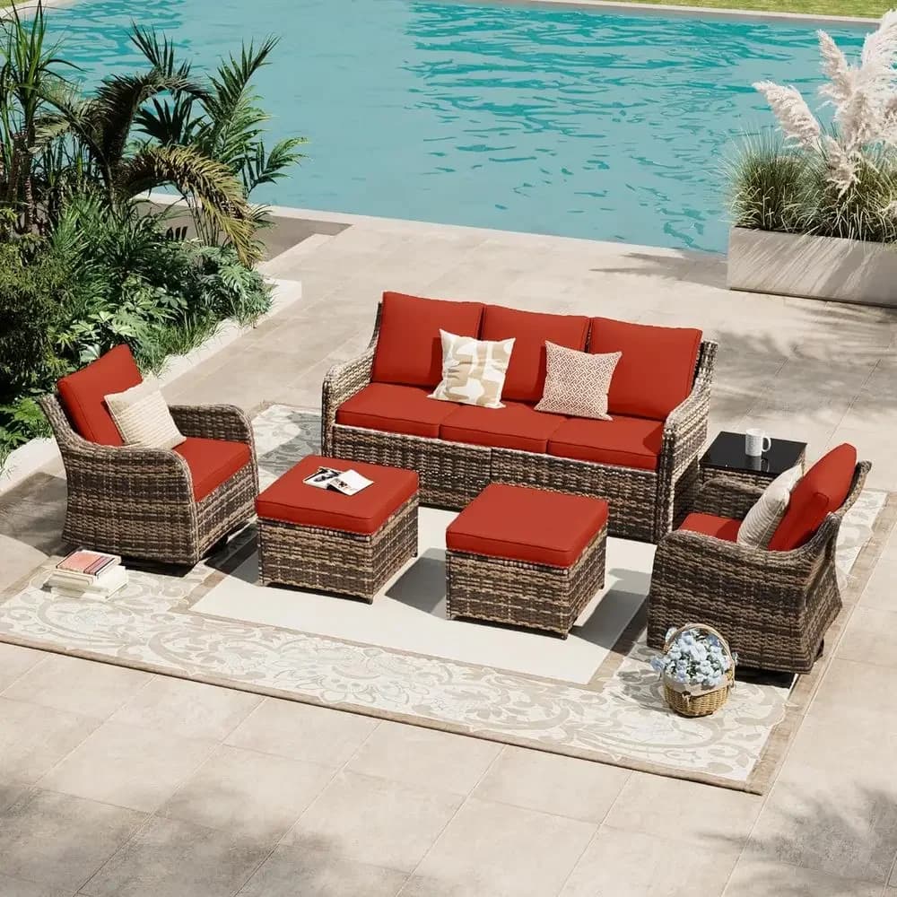 Set di Mobili da Giardino in 6 Pezzi con Sedie Girevoli a Dondolo, Divano in Vimini, Cuscini Impermeabili, Ideale per Prato, Cortile, Veranda