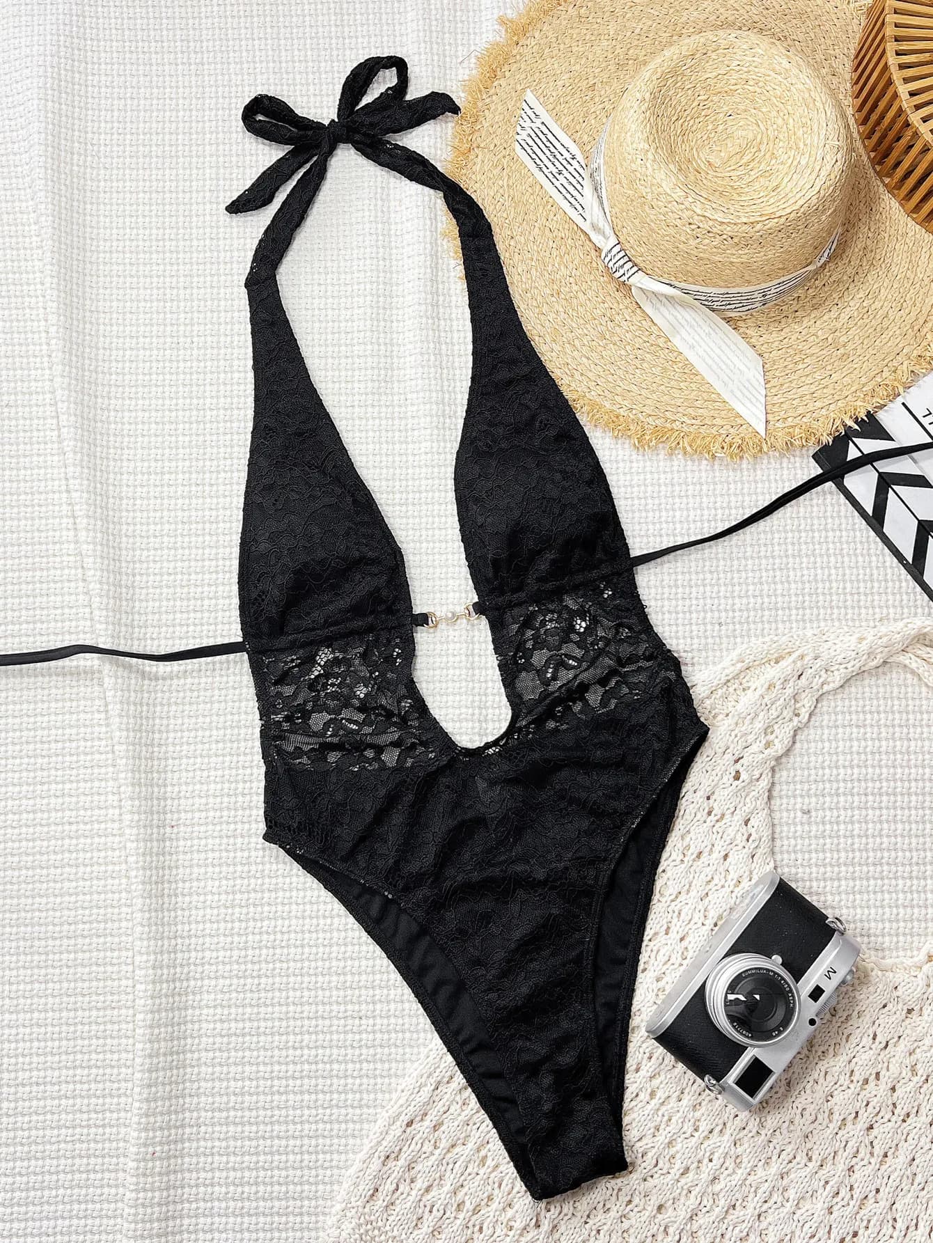 sexy black lace deep v-neck swimsuits one piece backless tie bodysuits bikinis bathing suit swimwear biquini tankini trikini