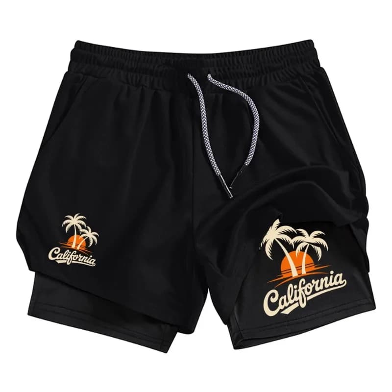 Summer Casual Elastic Quick Drying Double 2-in-1 Layer Beach Short for Men Beach Sports Shorts Fashion with Phone Pocket Cycling
