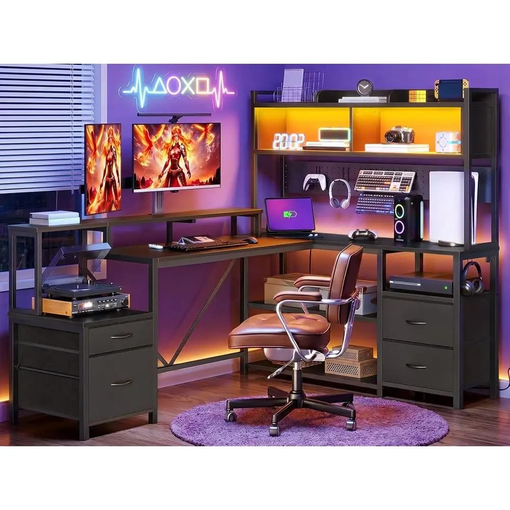 75 L-Shaped Gaming Desk with Storage, LED Lights, Power Outlets, and Monitor Stand, Ideal for Home Office or Gaming