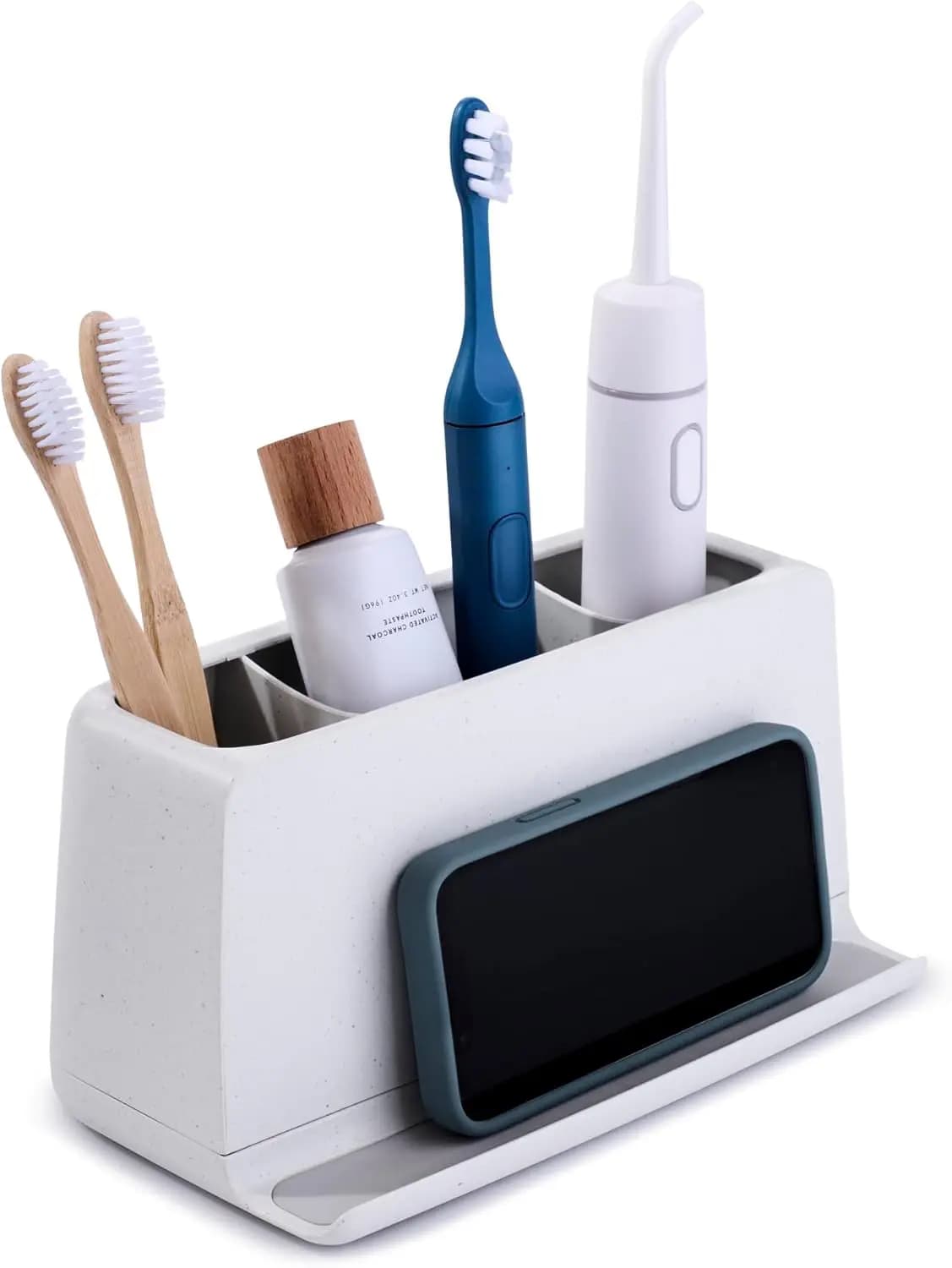 Portaspazzolino The Ledge, 3 scomparti, organizer da bagno con fessure per cavi, base rimovibile e spazio per telefoni, T