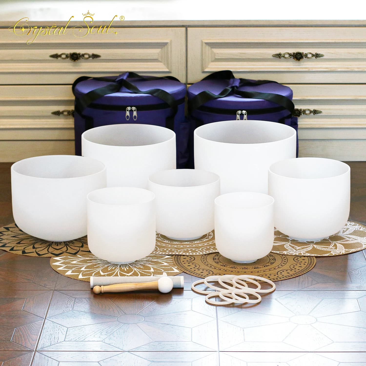 Crystal Soul Classic White Frosted Crystal Singing Bowl sets Seven Chakras Crystal bowl set