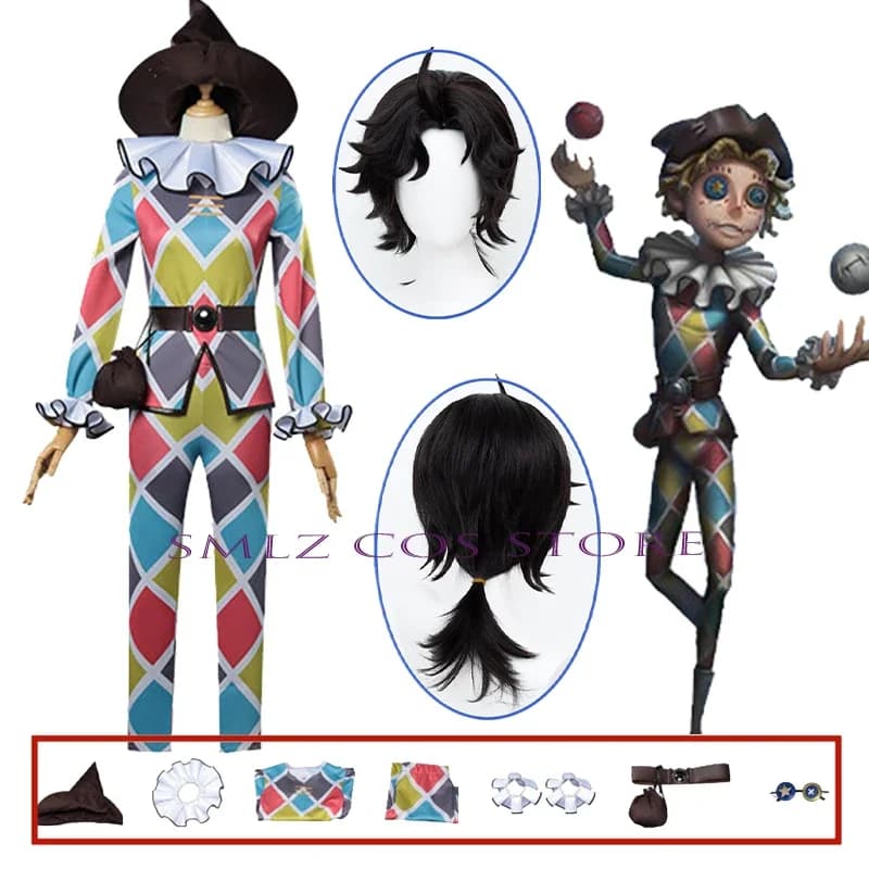 Mike Morton Cosplay Anime Identity V Costume Clown Acrobat Cosplay Griglia Uniforme Cappello Parrucca Vestito Party Play Outfit per Uomo Donna