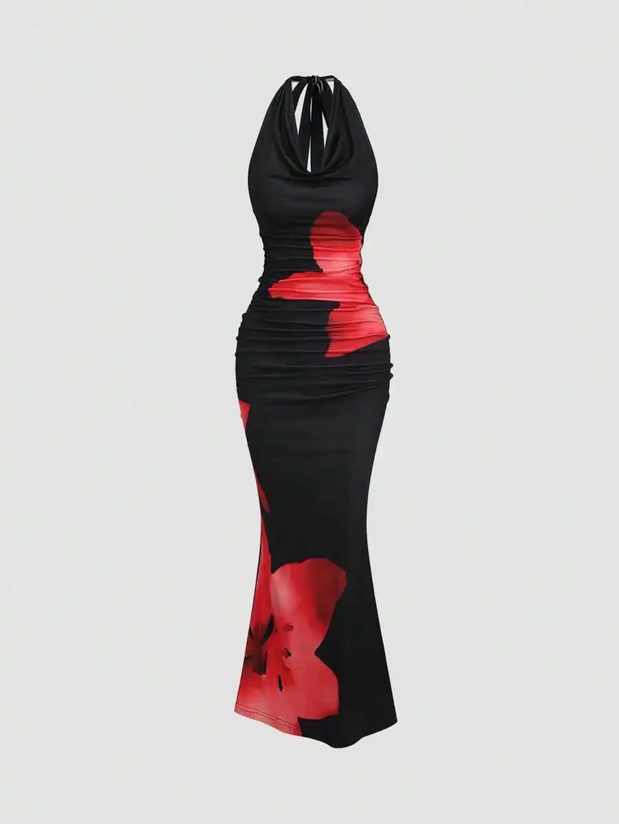 Abito lungo da donna con scollo all'americana, arricciato, con stampa floreale