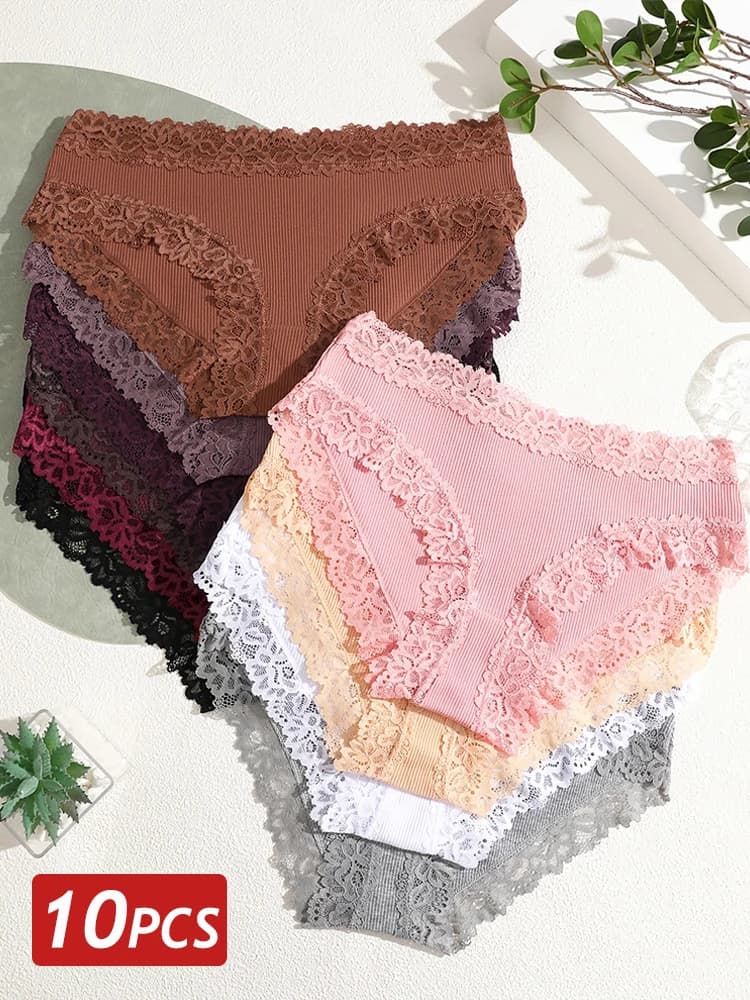 10 Pz/set Donne Mutandine di Cotone Sexy Lace Splicing Slip Vita Bassa Elastico Femminile Biancheria Intima Morbida Ragazze Confortevole Lingerie S-XL