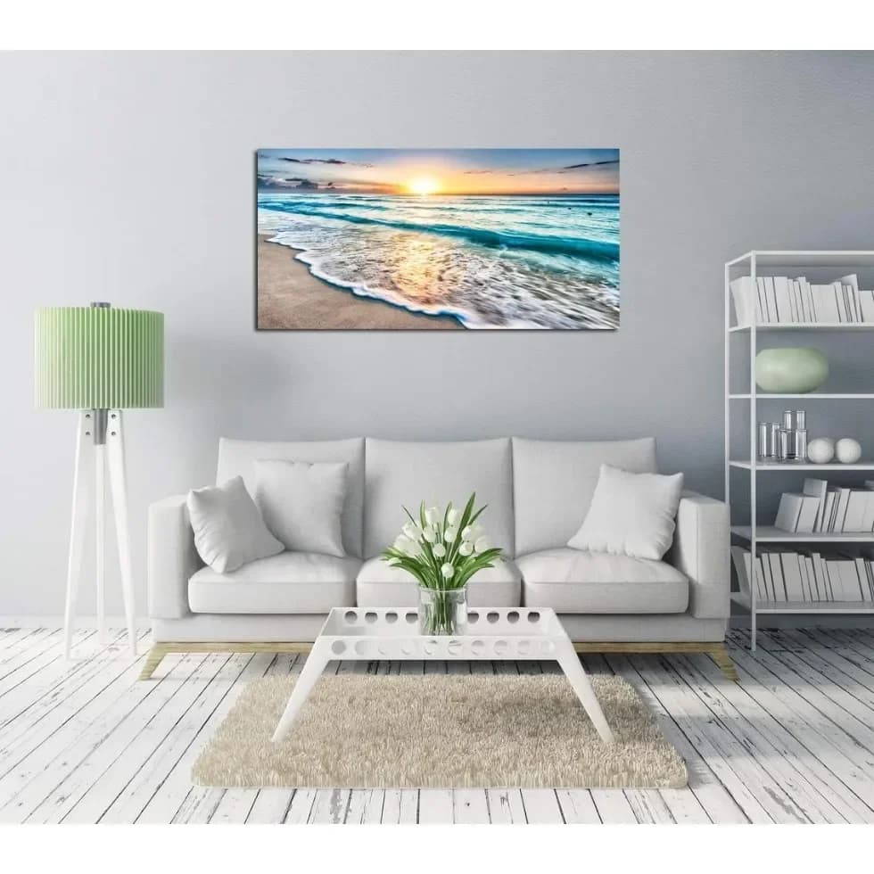 Prints on wall canvas | Beach Sunset Ocean Waves Natural images, elongated canvas with wooden frame, ideal for living room