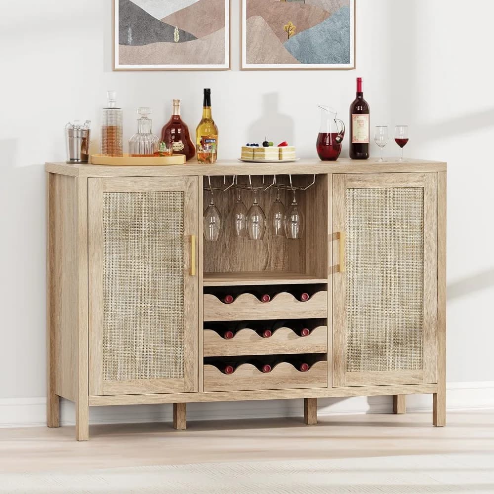 Armadietto per vino in rattan, bar per la casa in rattan Boho con portabicchiere e scaffali in stile cassetto, credenza in rovere per buffet